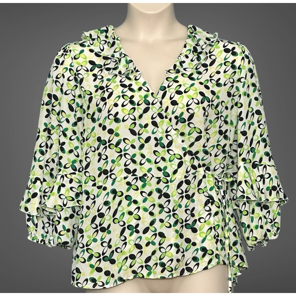 Retro Mod Womens Top XL Black Green Whimsical Floral Wrap Ruffle Balloon Y2K